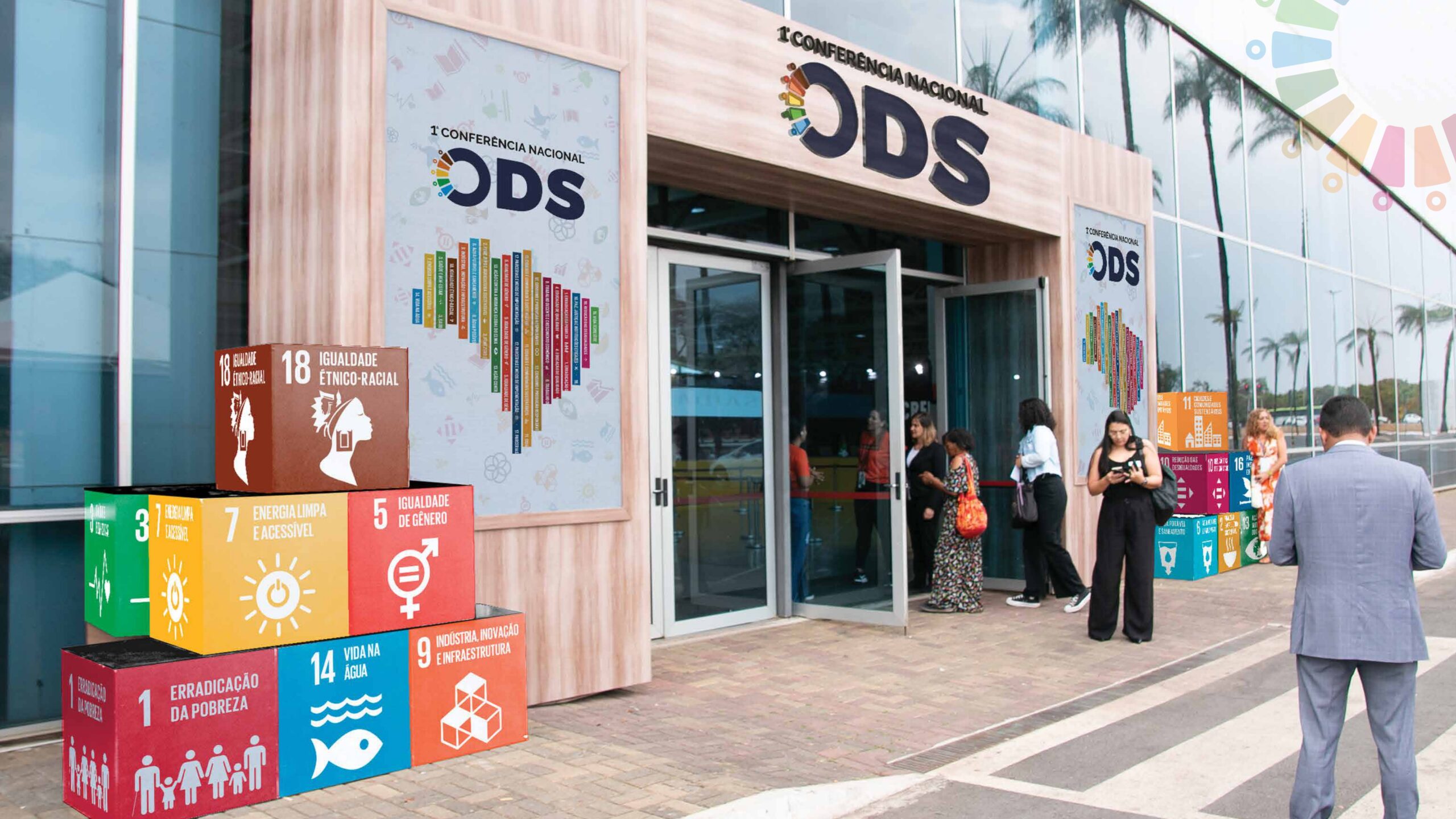 Fachada do evento com cubos dos ODS