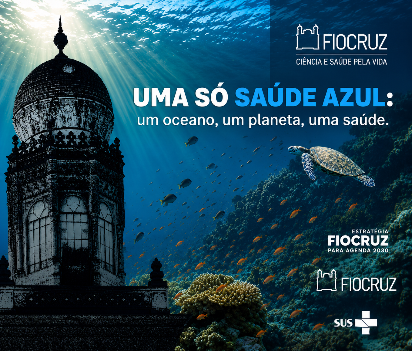 Cenário subaquático com a frase "Uma só saúde azul" destacando a conexão entre oceanos e saúde planetária.