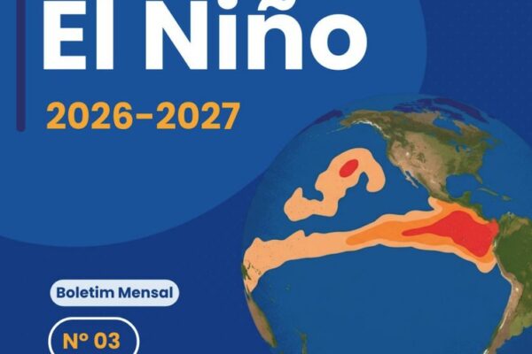 Painel informativo sobre os impactos do El Niño no Brasil, com dados de agosto de 2026 e previsão para 2026-2027.