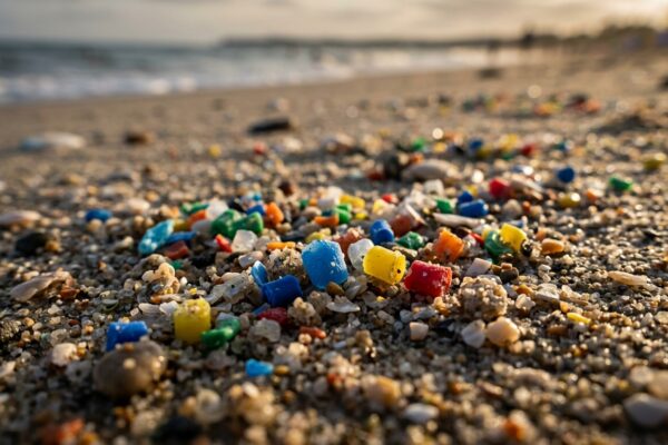 Microplásticos coloridos espalhados pela areia de uma praia, com o mar desfocado ao fundo.