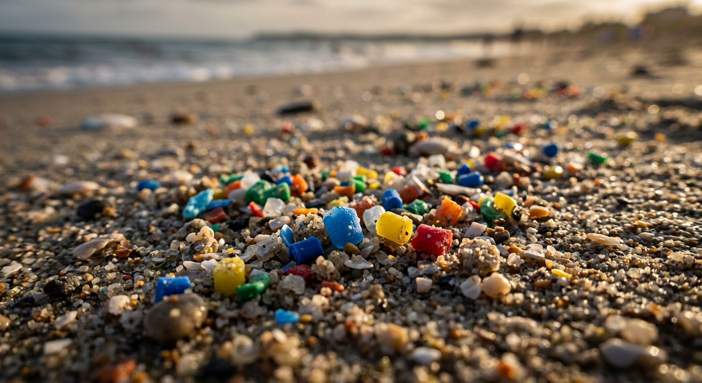 Microplásticos coloridos espalhados pela areia de uma praia, com o mar desfocado ao fundo.